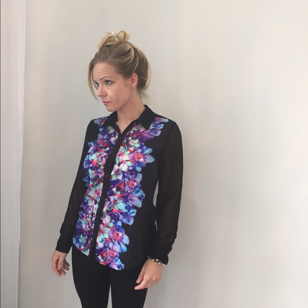 Black Collared/Long Sleeved Neon Floral Blouse